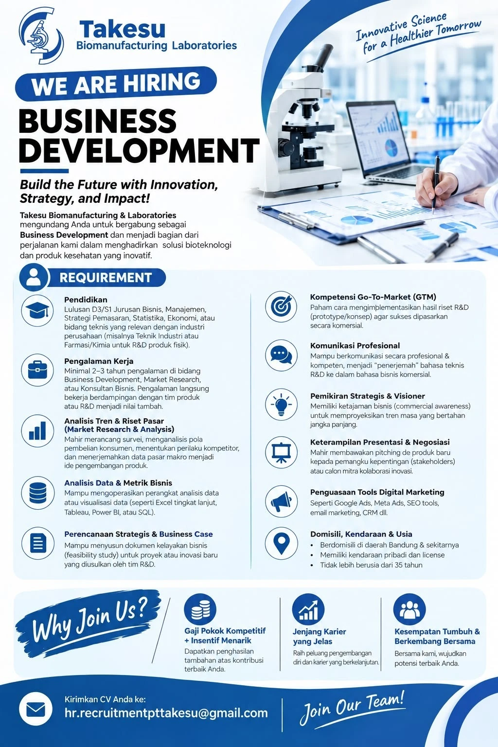 Posting Job Bussines Development PT Takesu Biomanufacturing Laboratories